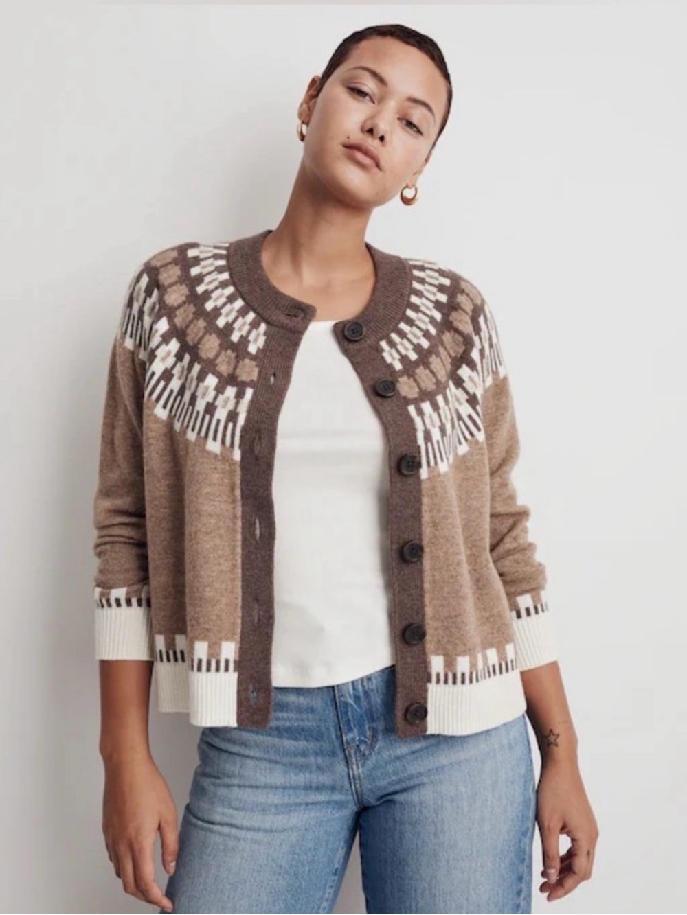 Madewell Fairisle Women's Brown Button-Front Sweater Cardigan